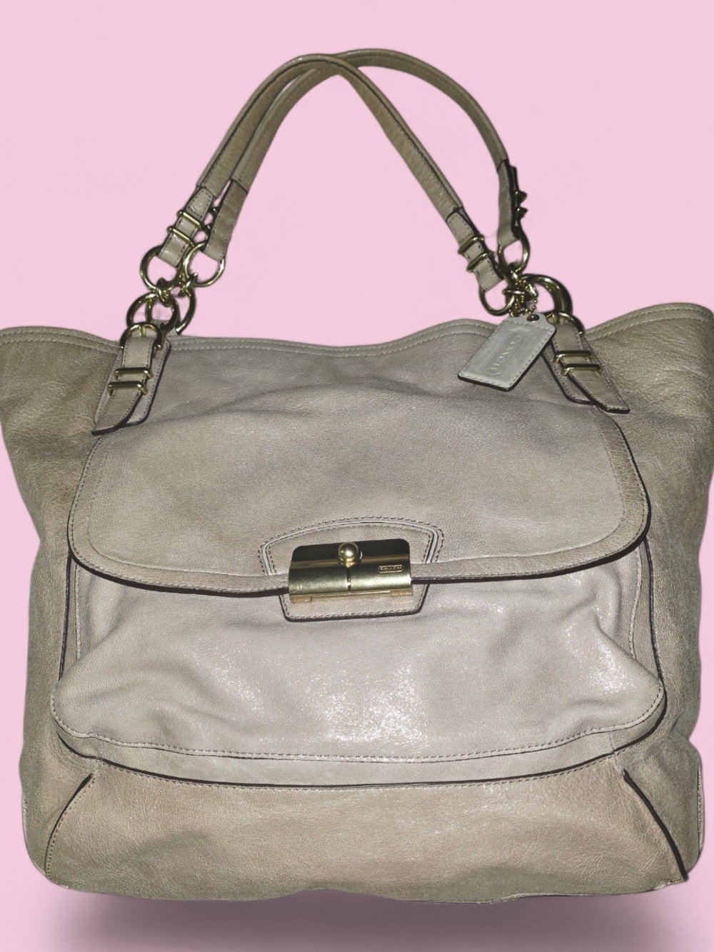 Coach Taupe Leather Shoulder Bag with Gold Hardware